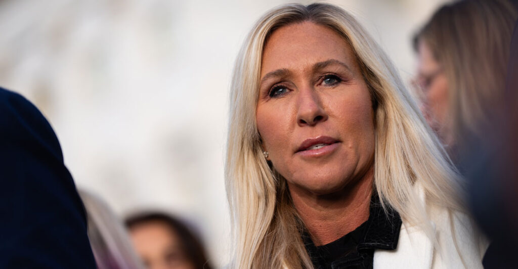 Marjorie Taylor Greene speaks at the capitol.