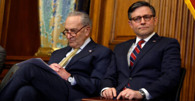 Senate Minority Leader Chuck Schumer and Speaker of the House Mike Johnson sit together at a Hannukah celebration in the Capitol.
