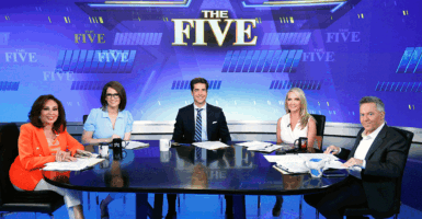 Jeanine Pirro, Jessica Tarlov, Jesse Watters, Dana Perino and Greg Gutfeld on set for Fox News' "The Five" at Fox News Studios in 2023 in New York City