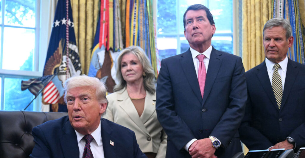 President Donald Trump sits in Oval Office with Tennessee Republican Senators. Marsha Blackburn and Bill Hagerty, and Tennessee Governor Bill Lee.