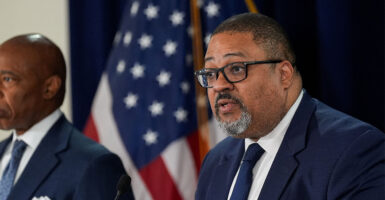 Manhattan District Attorney Alvin Bragg, alongside New York City Mayor Eric Adams, addresses the media about indictments in last month’s shooting of an off-duty federal agent, New York City, U.S., August 6, 2025.