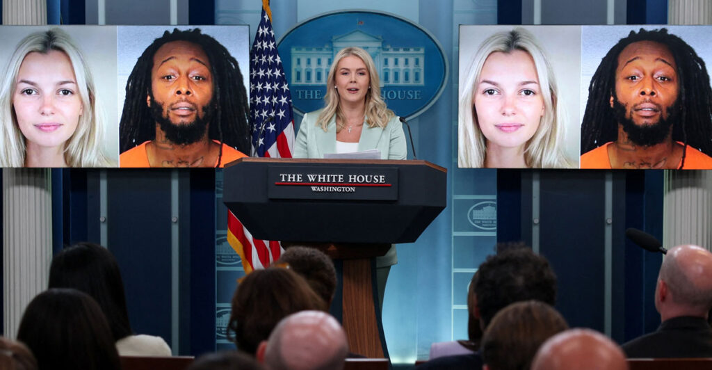 Karoline Leavit flanked by photos of Charlotte murder victim Iryana Zarutska and her alleged killer.