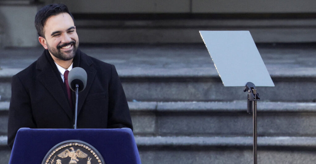 A smiling Zohran Mamdani delivers his inaugural address as mayor of New York.