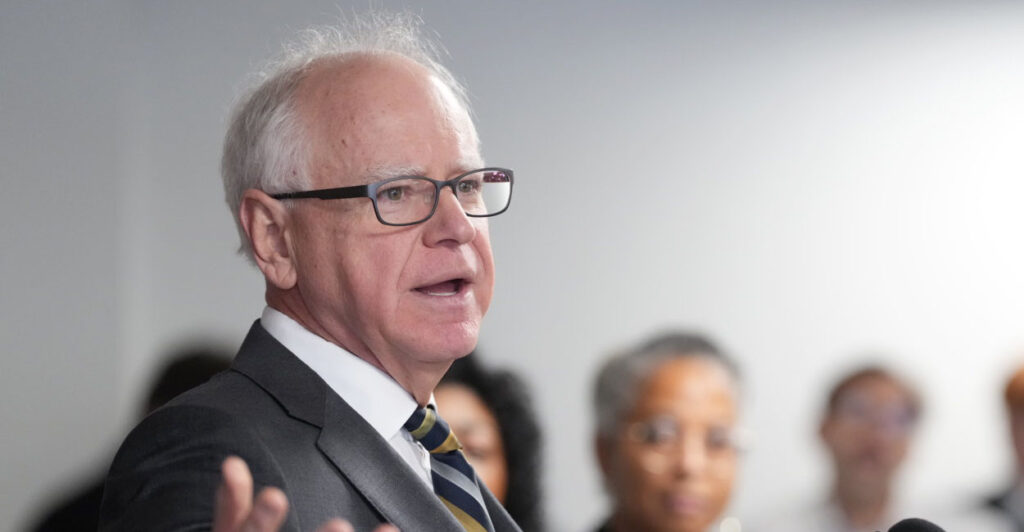 MINNEAPOLIS, MN. - JANUARY 2026: Minnesota Governor Tim Walz speaks during a press conference focused on Minnesota’s new paid family leave policy, Tuesday, January 6, 2026 at the Coliseum Building in Minneapolis, Minn. Walz took questions from the media at the event, a day after he announced that he is withdrawing from the 2026 Minnesota gubernatorial race. (Photo by Alex Kormann/The Minnesota Star Tribune via Getty Images)
