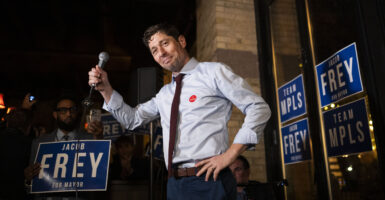 MINNEAPOLIS, MINNESOTA - NOVEMBER 4: Minneapolis Mayor Jacob Frey speaks at an Election Night party on November 4, 2025 in Minneapolis, Minnesota. Frey, the incumbent, seeks reelection to his third term while opposed by three other Democrats. (Photo by Stephen Maturen/Getty Images)