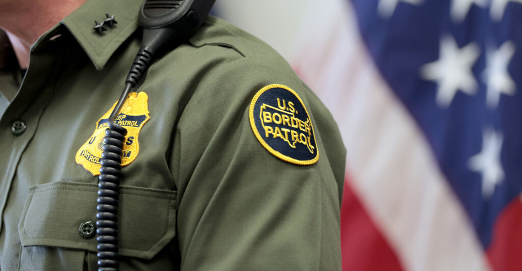 Los Angeles, CA. June 12, 2025 An U.S. Border Patrol logo patchThursday, June 12, 2025 during at a press conference in Los Angeles. (Luke Johnson/Los Angeles Times via Getty Images)