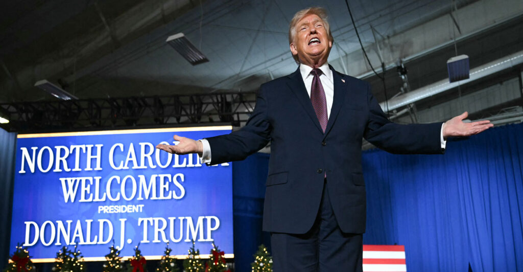 US President Donald Trump arrives to speak at a political rally in Rocky Mount, North Carolina on December 19, 2025. (Photo by ANDREW CABALLERO-REYNOLDS / AFP via Getty Images)