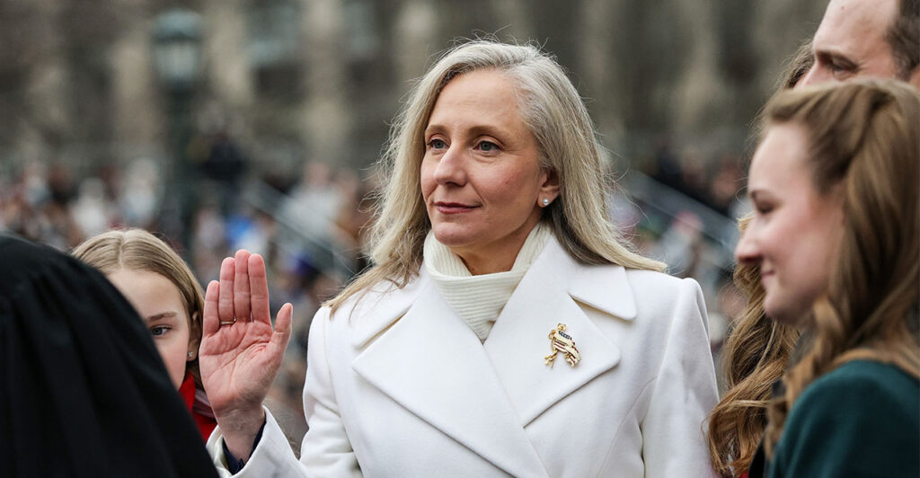 RICHMOND, VIRGINIA - JANUARY 17: Virginia Governor Abigail Spanberger is sworn into office by the Honorable William Mims, Senior Justice of the Supreme Court of Virginia, at the Virginia State Capitol January 17, 2026 in Richmond, Virginia. Spanberger is the first woman elected to the Commonwealth of Virginia’s highest office. (Photo by Win McNamee/Getty Images)