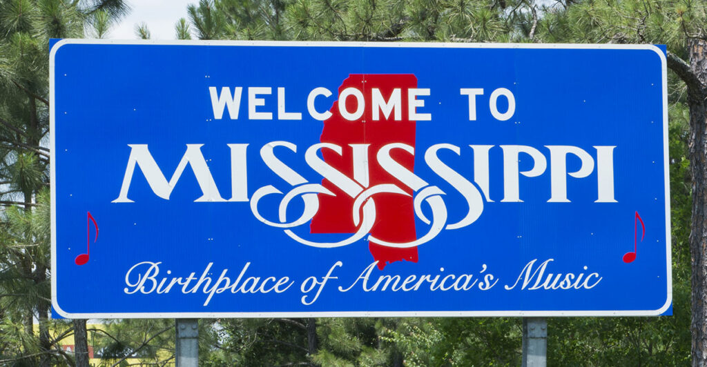 Sign for Welcome to Mississippi Birthplace of American Music. (Photo by: Education Images/Universal Images Group via Getty Images)
