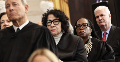 WASHINGTON, DC - JANUARY 20: (L-R) U.S. Supreme Court Chief Justice John Roberts, U.S. Supreme Court Associate Justice Sonia Sotomayor and U.S. Associate Supreme Court Justice Ketanji Brown Jackson listen as U.S. President Donald Trump speaks during inauguration ceremonies in the Rotunda of the U.S. Capitol on January 20, 2025 in Washington, DC. Donald Trump takes office for his second term as the 47th president of the United States. (Photo by Chip Somodevilla/Getty Images)