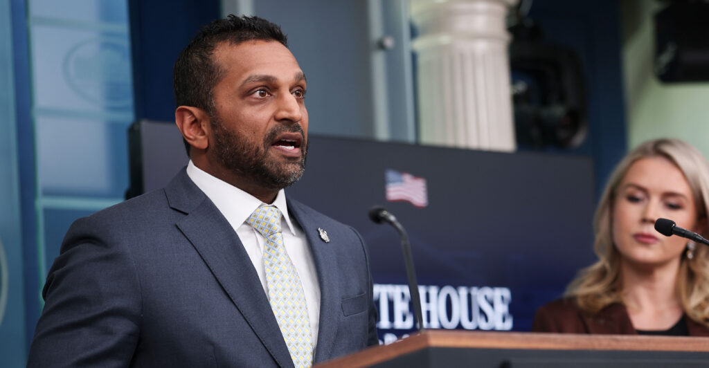 WASHINGTON, DC - NOVEMBER 12: Federal Bureau of Investigation Director Kash Patel (L) speaks as White House Press Secretary Karoline Leavitt looks on during the daily press briefing in the Brady Press Briefing Room at the White House on November 12, 2025 in Washington, DC. Patel spoke about a recent meeting he attended in Beijing regarding fentanyl production and distribution. (Photo by Win McNamee/Getty Images)