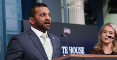 WASHINGTON, DC - NOVEMBER 12: Federal Bureau of Investigation Director Kash Patel (L) speaks as White House Press Secretary Karoline Leavitt looks on during the daily press briefing in the Brady Press Briefing Room at the White House on November 12, 2025 in Washington, DC. Patel spoke about a recent meeting he attended in Beijing regarding fentanyl production and distribution. (Photo by Win McNamee/Getty Images)