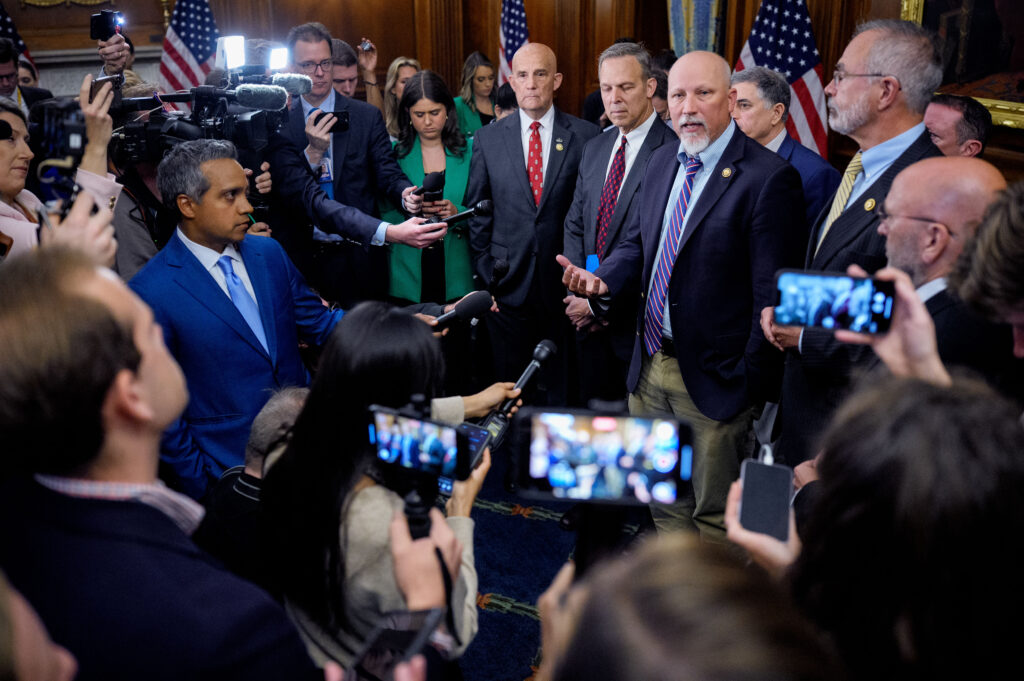 WASHINGTON, DC - MAY 21: Rep. Chip Roy (R-TX) (4th-R), accompanied by Rep. Keith Self (R-TX) (C), Rep. Scott Perry (R-PA) (5th-R), Rep. Andrew Clyde (R-GA) (3nd-R), House Freedom Caucus chair Rep. Andy Harris (R-MD) (2nd-R), and Rep. Clay Higgins (R-LA) (R),
