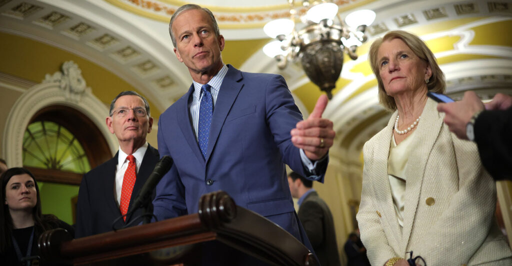 Senate Majority Leader John Thune (R-SD), joined by Sen. Shelley Moore Capito (R-WV) and Sen. John Barrasso (R-WY), speaks to the media.