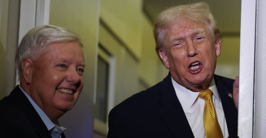 President Donald Trump and Lindsey Graham speak to reporters on board Air Force One