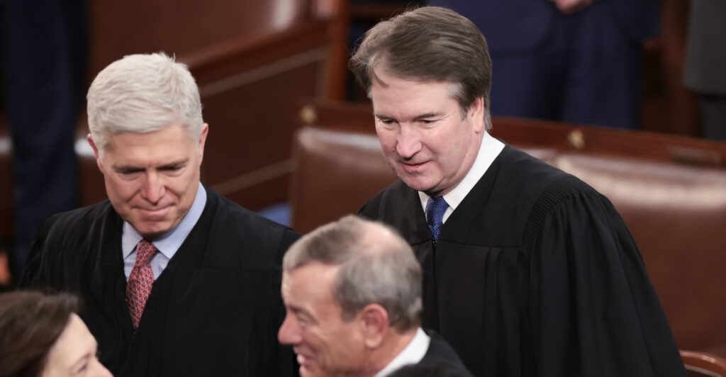 WASHINGTON, DC - MARCH 07: U.S. Supreme Court Associate Justices Neil Gorsuch (L) and Brett Kavanaugh arrived with fellow Justice Sonia Sotomayor and Chief Justice John Roberts for U.S. President Joe Biden's State of the Union address during a joint meeting of Congress in the House chamber at the U.S. Capitol on March 07, 2024 in Washington, DC. This is Biden’s last State of the Union address before the general election this coming November. (Photo by Win McNamee/Getty Images)