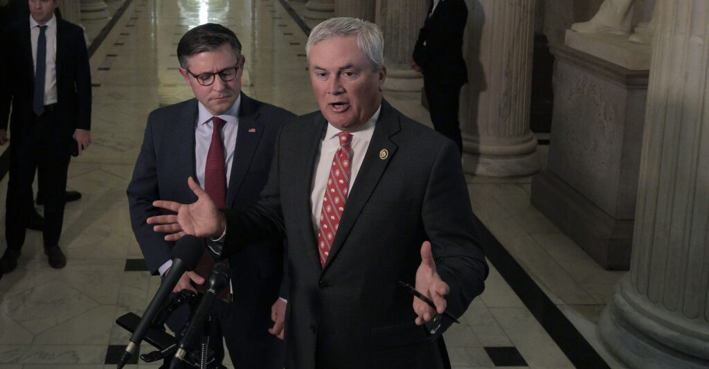 WASHINGTON, DC - SEPTEMBER 02: Speaker of the House Mike Johnson (R-LA) and House Oversight and Government Reform Committee Chairman James Comer (R-KY) talk to reporters after meeting with some of Jeffrey Epstein's accusers at the U.S. Capitol on September 02, 2025 in Washington, DC. Johnson said he supported Comer's investigation into Epstein but wants to respect the privacy of accusers in the process. (Photo by Chip Somodevilla/Getty Images)