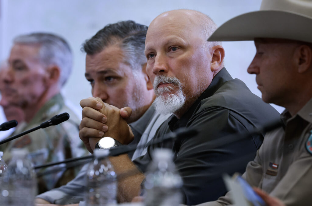 Rep. Chip Roy (R-TX) (3rd L) and Sen. Ted Cruz (R-TX) (2nd L) join President Donald Trump, state and local leaders, first responders and victims of last week's flash flooding during a meeting at the Hill Country Youth Event Center on July 11, 2025 in Kerrville, Texas