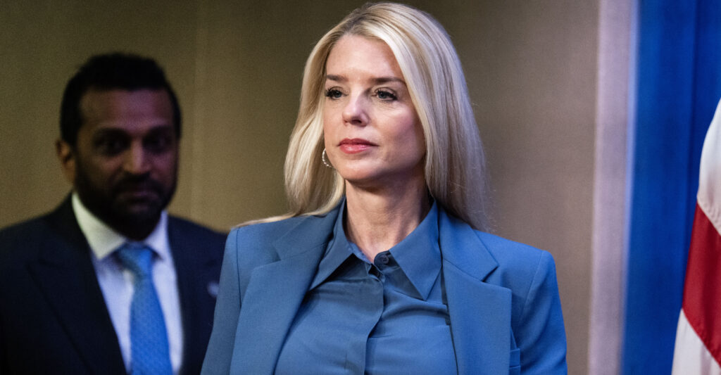 UNITED STATES - DECEMBER 4: Attorney General Pam Bondi and FBI Director Kash Patel arrive for a news conference at the Department of Justice on Thursday, December 4, 2025, announcing the arrest of Brian Cole Jr., who allegedly placed pipe bombs near the Republican and Democratic National Committee offices on January 6, 2021. (Tom Williams/CQ-Roll Call, Inc via Getty Images)