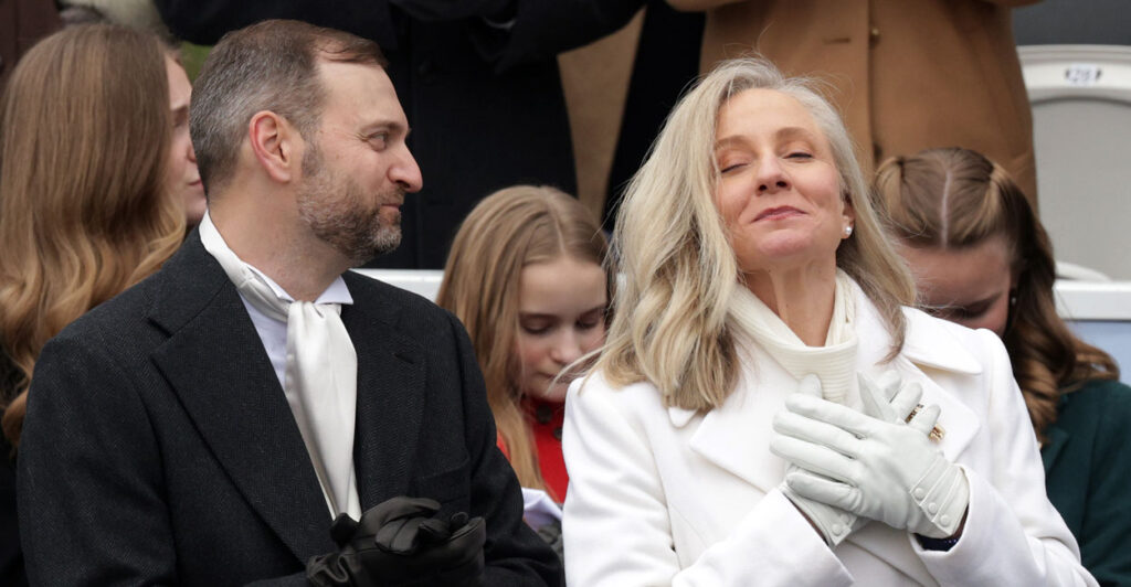 Virginia Governor Abigail Spanberger shares a moment with her husband Adam during her inauguration ceremony at the Virginia State Capitol January 17, 2026 in Richmond, Virginia.