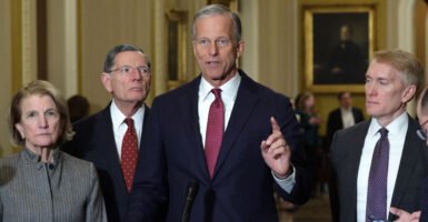 WASHINGTON, DC - JANUARY 28: U.S. Senate Majority Leader Sen. John Thune (R-SD) speaks as (L-R) Sen. Shelley Moore Capito (R-WV), Senate Majority Whip Sen. John Barrasso (R-WY), and Sen. James Lankford (R-OK) (L) listen during a news briefing after the weekly Senate Republican Policy Luncheon at the U.S. Capitol on January 28, 2026 in Washington, DC. Senate GOPs gathered for a weekly luncheon to discuss the Republican agenda. (Photo by Alex Wong/Getty Images)