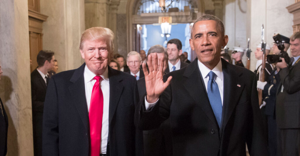 WASHINGTON, DC - JANUARY 20: President-elect Donald Trump, left, and President Barack Obama arrive for Trump's inauguration ceremony at the Capitol in Washington, Friday, Jan. 20, 2017. Trump, a real estate mogul and reality television star who upended American politics and energized voters angry with Washington, will be sworn in as the 45th president of the United States, putting Republicans in control of the White House for the first time in eight years. (Photo by Scott Applewhite - Pool/Getty Images)