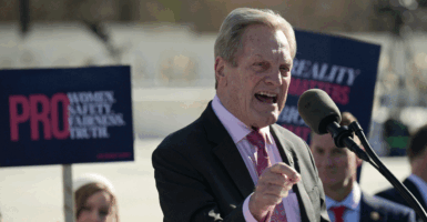 US Representative Mike Simpson, Republican from Idaho, speaks outside the US Supreme Court as justices hear arguments in challenges to state bans on transgender athletes in women's sports on January 13, 2026, in Washington, DC.