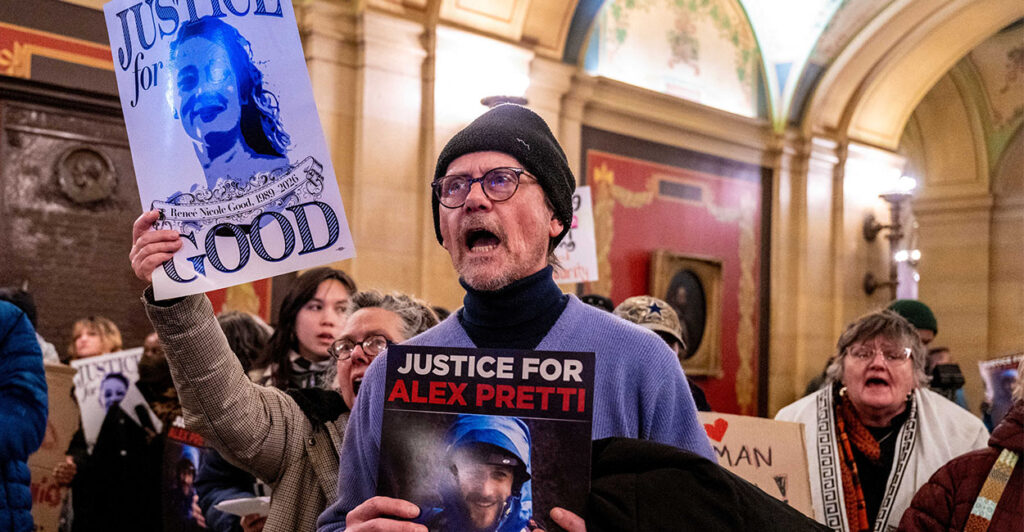 Protesters shout slogans against US Immigration and Customs Enforcement (ICE) outside of the office of Minnesota Governor Tim Walz at the Minnesota State Capitol Building in St. Paul, Minnesota, on January 27, 2026. On January 24, federal agents shot and killed Alex Pretti, a 37-year-old ICU nurse, while scuffling with him on an icy roadway in Minneapolis, less than three weeks after an immigration officer fired on Renee Good, also 37, killing her in her car. The fatal shootings has reignited accusations that federal agents enforcing US President Donald Trump's militarized immigration crackdown are inexperienced, under-trained and operating outside law enforcement norms. (Photo by ROBERTO SCHMIDT / AFP via Getty Images)