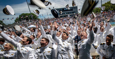 Kings Point, N.Y.: Class of 2019 graduates toss their hats during the 83rd Commencement Exercises for the United States Merchant Marine Academy in Kings Point, New York on Saturday, June 15, 2019. (Photo by J. Conrad Williams, Jr./Newsday RM via Getty Images)