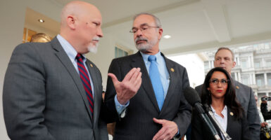 House Freedom Caucus Chairman Andy Harris, along with Chip Roy, Laurie Boebert, and Scott Perry speak to reporters.