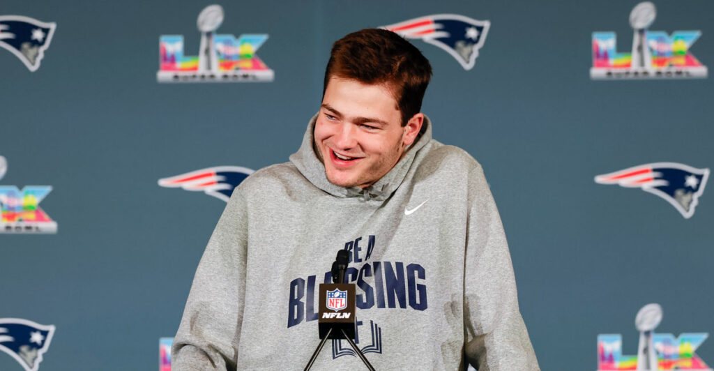 Drake Maye (10) of the New England Patriots answers questions during the Thursday press conference on Thursday, February 5th at the Santa Clara Marriott in Santa Clara, CA. (Photo by Bob Kupbens/Icon Sportswire via Getty Images)