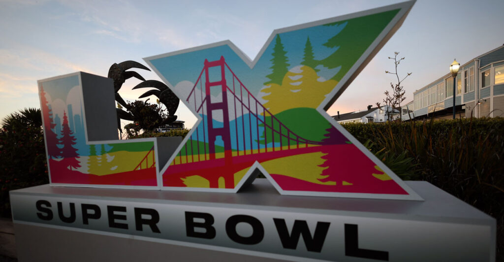 SAN FRANCISCO, CALIFORNIA - FEBRUARY 04: A view of Super Bowl LX signage at Pier 39 is seen on February 04, 2026 in San Francisco, California. (Photo by Chris Graythen/Getty Images)