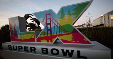 SAN FRANCISCO, CALIFORNIA - FEBRUARY 04: A view of Super Bowl LX signage at Pier 39 is seen on February 04, 2026 in San Francisco, California. (Photo by Chris Graythen/Getty Images)