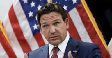 Florida Gov. Ron DeSantis speaks during a press conference on April 10, 2025 in Miami, Florida. DeSantis talked about his desire to relieve Florida condo owners of the high fees they are struggling with after they were put in place following the 2021 collapse of the condominium tower in Surfside, Florida. (Photo by Joe Raedle/Getty Images)