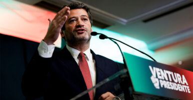 Andre Ventura, leader of Chega party, talks during a press conference after the poll results on the night of Portugal's presidential election second round in Lisbon on February 8, 2026. (Photo by FILIPE AMORIM / AFP via Getty Images)