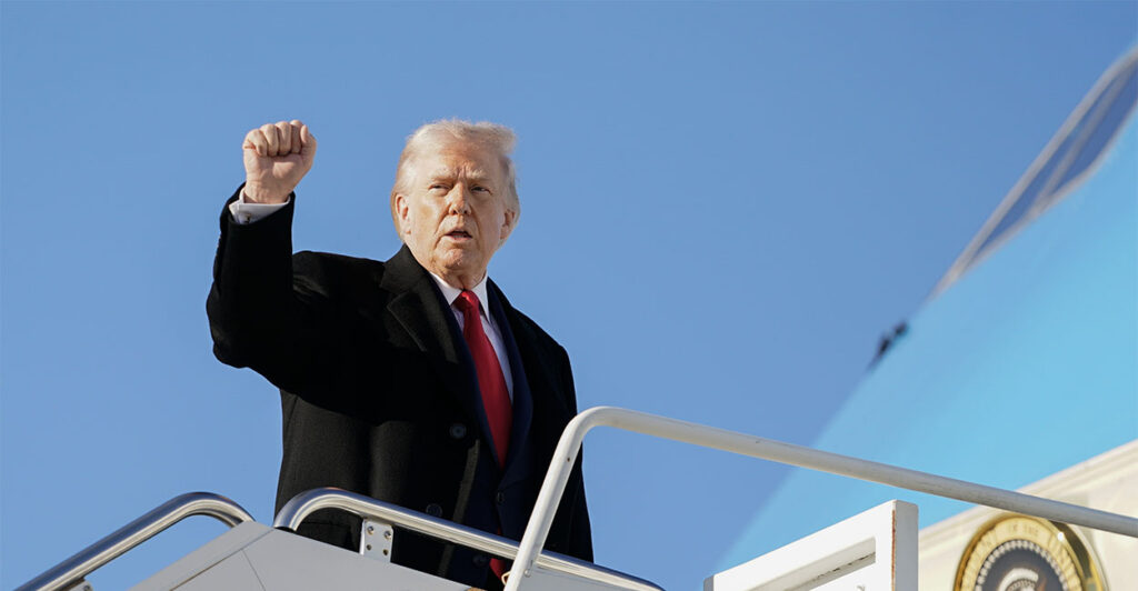 FORT BRAGG, NORTH CAROLINA - FEBRUARY 13: U.S. President Donald Trump boards Air Force One at Pope Army Airfield after a visit to the Fort Bragg U.S. Army base on February 13, 2026 in Fort Bragg, North Carolina. Trump visited the base to honor special forces involved in the military operation in Venezuela in early 2026. (Photo by Nathan Howard/Getty Images)