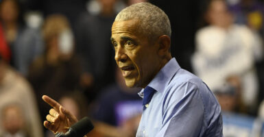 EWARK, NEW JERSEY, UNITED STATES - NOVEMBER 1: Former President of the United States Barack Obama and New Jersey Democratic gubernatorial candidate for Governor Mikie Sherrill attend 'Get out the vote' rally at the Essex County College gymnasium in Newark, New Jersey, United States on November 1, 2025. (Photo by Kyle Mazza/Anadolu via Getty Images)