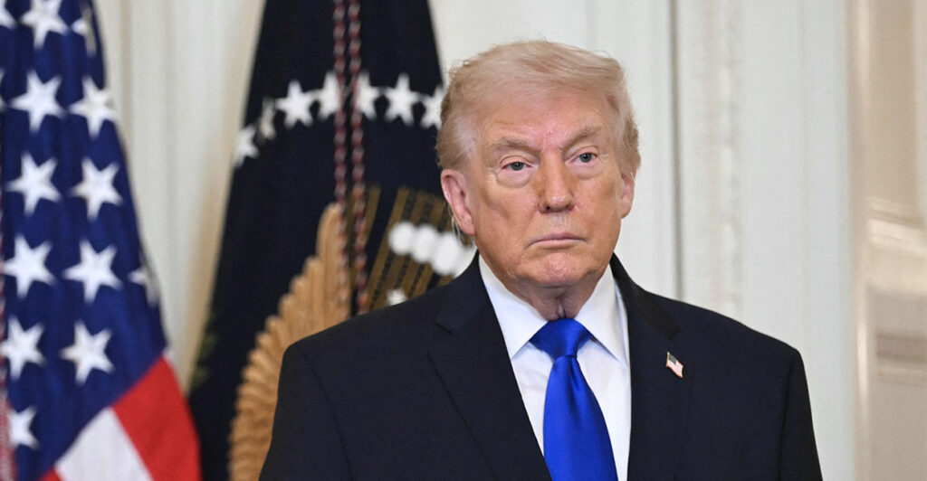 US President Donald Trump looks on during the Angel Families Remembrance Ceremony in the East Room of the White House in Washington, DC, on February 23, 2026. (Photo by SAUL LOEB / AFP via Getty Images)
