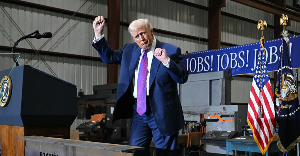 US President Donald Trump dances at the end of his speech after touring the Coosa Steel Corporation factory in Rome, Georgia, February 19, 2026. (Photo by SAUL LOEB / AFP via Getty Images)