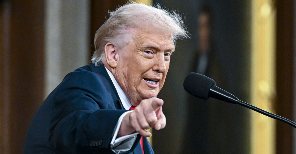 WASHINGTON, DC - FEBRUARY 24: U.S. President Donald Trump delivers the State of the Union address during a joint session of Congress in the House Chamber at the Capitol on February 24, 2026 in Washington, DC. Trump delivered his address days after the Supreme Court struck down the administration's tariff strategy, and amid a U.S. military buildup in the Persian Gulf threatening Iran. (Photo by Kenny Holston-Pool/Getty Images)