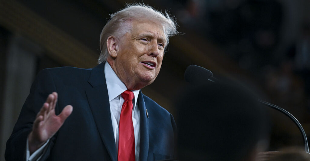 WASHINGTON, DC - FEBRUARY 24: U.S. President Donald Trump delivers the State of the Union address during a joint session of Congress in the House Chamber at the Capitol on February 24, 2026 in Washington, DC. Trump delivered his address days after the Supreme Court struck down the administration's tariff strategy, and amid a U.S. military buildup in the Persian Gulf threatening Iran. (Photo by Kenny Holston-Pool/Getty Images)