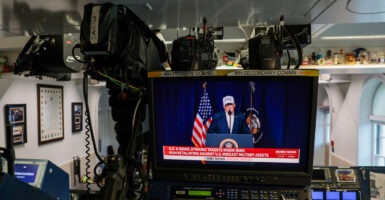 WASHINGTON, DC - FEBRUARY 28: An NBC News live feed airs a clip from U.S. President Donald Trump's Truth Social video announcement in the White House James S. Brady Press Briefing Room on February 28, 2026 in Washington, DC. U.S. President Donald Trump announced that the United States and Israel had launched an attack on Iran Saturday morning. (Photo by Anna Moneymaker/Getty Images)