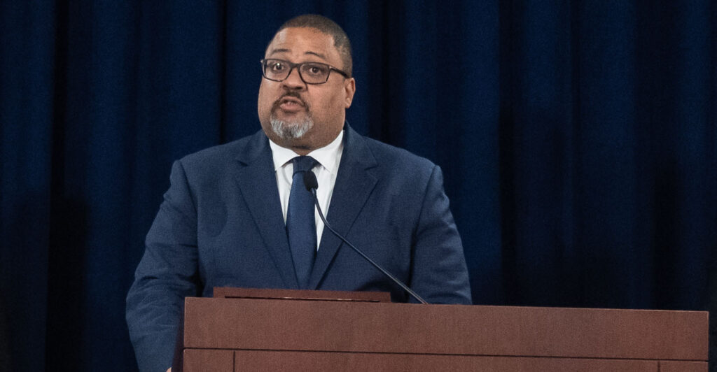NEW YORK, UNITED STATES - 2025/08/06: Manhattan District Attorney Alvin Bragg, Jr., announced the indictment of Miguel Mora and Christian Aybar in connection to the shooting of an off-duty Customs and Border Protection officer at DA office. Mora is charged with attempted murder in the First Degrees and both charged with Assault in the First Degree, Attempted Robbery and Robbery in the First and Second Degrees, and Criminal Possession of a Weapon in the Second Degree. Both defendants were illegal immigrants. (Photo by Lev Radin/Pacific Press/LightRocket via Getty Images)