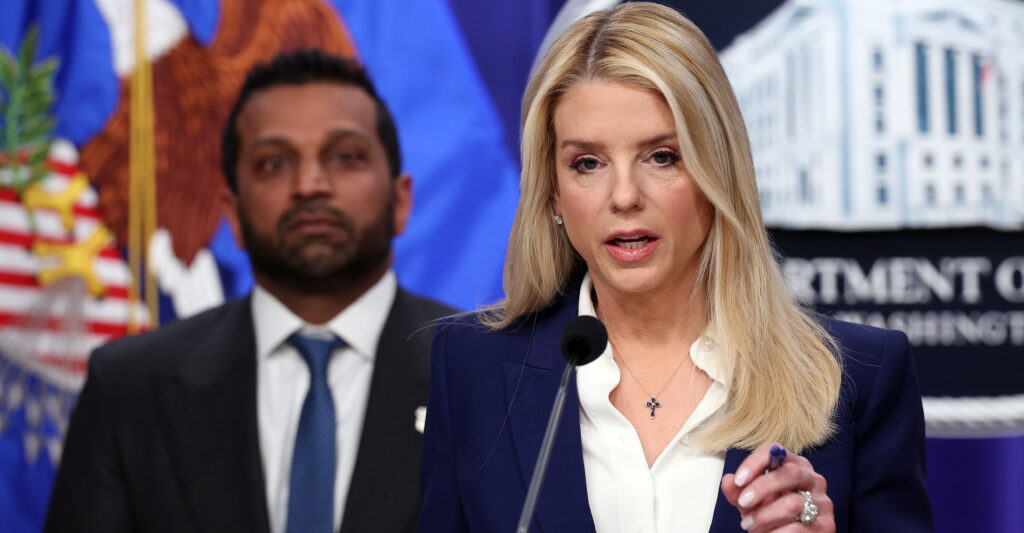 WASHINGTON, DC - FEBRUARY 06: U.S. Attorney General Pam Bondi, joined by Federal Bureau of Investigation (FBI) Director Kash Patel, delivers remarks on an arrest connected to the 2012 U.S. Embassy attack in Benghazi, at the Department of Justice on February 6, 2026 in Washington, DC. Justice Department officials announced that the FBI has arrested Zubayr al-Bakoush, a suspect in 2012 attack on the U.S. Embassy in Benghazi, Libya. (Photo by Kevin Dietsch/Getty Images)