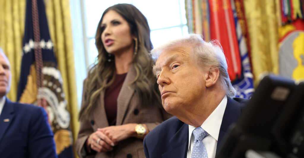 WASHINGTON, DC - NOVEMBER 17: U.S. President Donald Trump, Homeland Security Secretary Kristi Noem, and Andrew Giuliani (R) participate in a meeting of the White House Task Force on the FIFA World Cup 2026 in the Oval Office of the White House on November 17, 2025 in Washington, DC. The task force was created to oversee security, logistics, and federal government support for the 2025 Club World Cup and the 2026 FIFA World Cup, jointly hosted by the United States. (Photo by Win McNamee/Getty Images)