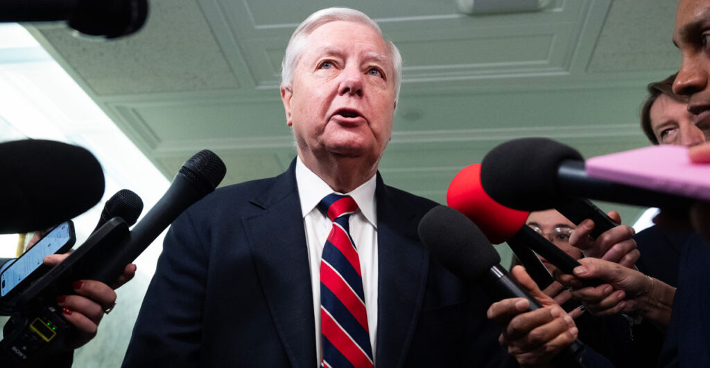 Senator Lindsey Graham speaks to reporters in the capitol.