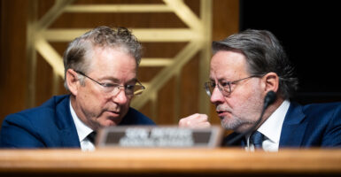 Chairman Rand Paul, R-Ky., left, and ranking member Gary Peters, D-Mich., talk during the Senate Homeland Security and Governmental Affairs Committee hearing on oversight of Immigration and Customs Enforcement, U.S. Customs and Border Protection, and U.S. Citizenship and Immigration Services, in Dirksen building on Thursday, February 12, 2026.