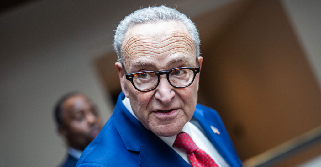 Chuck Schumer speaks to a reporter in the Capitol.