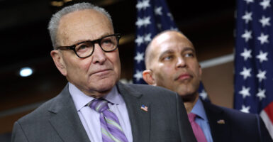 Senate Minority Leader Chuck Schumer and Hakeem Jeffries speak at a Capitol press conference.