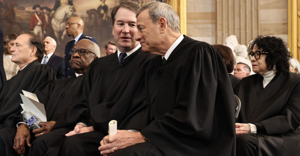 WASHINGTON, DC - JANUARY 20: U.S. Supreme Court Associate Justice Brett Kavanaugh and U.S. Supreme Court Chief Justice John Roberts speak during inauguration ceremonies in the Rotunda of the U.S. Capitol on January 20, 2025 in Washington, DC. Donald Trump takes office for his second term as the 47th president of the United States. (Photo by Chip Somodevilla/Getty Images)